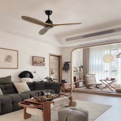 ZEVENTI - Ventilatore da soffitto LAURIA Wi-Fi Tuya nero/quercia + telecomando