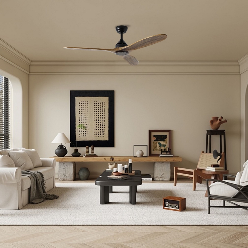 ZEVENTI - Ventilatore da soffitto LAURIA Wi-Fi Tuya nero/rovere + telecomando