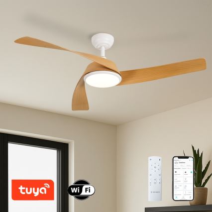 ZEVENTI - Ventilatore da soffitto LED dimmerabile AERYS LED/24W/230V 3000/4000/6000K Wi-Fi Tuya bianco/rovere + telecomando