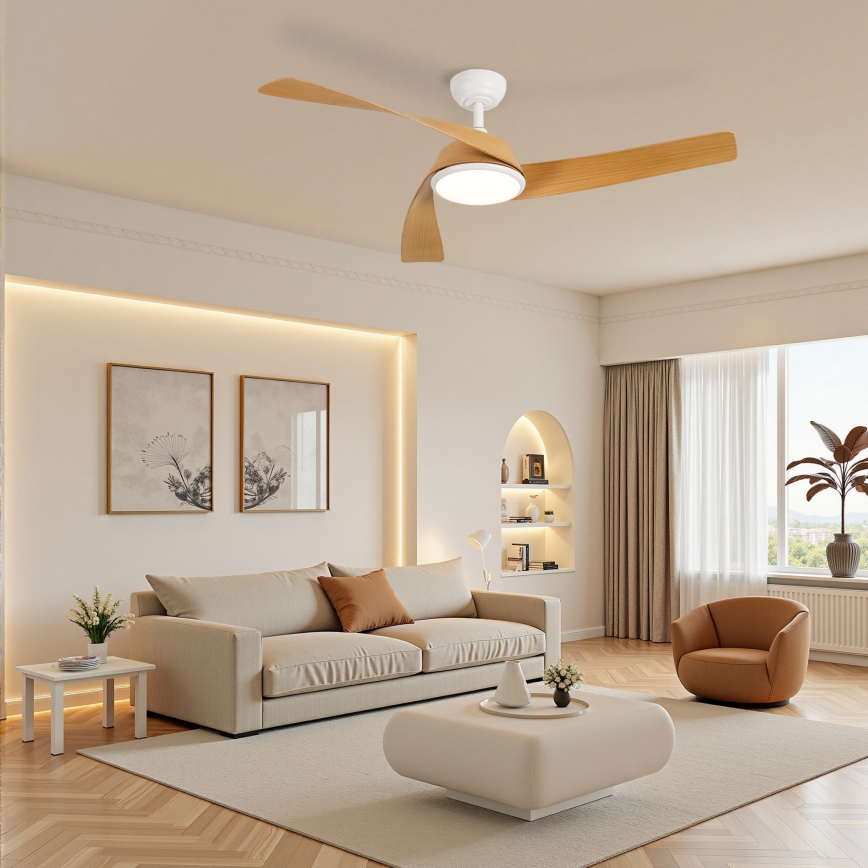 ZEVENTI - Ventilatore da soffitto LED dimmerabile AERYS LED/24W/230V 3000/4000/6000K Wi-Fi Tuya bianco/rovere + telecomando