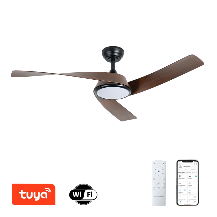 ZEVENTI - Ventilatore da soffitto LED dimmerabile AERYS LED/24W/230V 3000/4000/6000K Wi-Fi Tuya nero/noce + telecomando