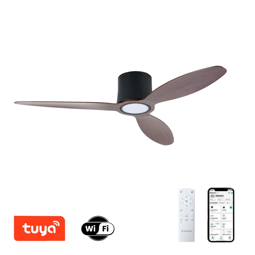 ZEVENTI - Ventilatore da soffitto dimmerabile a LED VENTORA LED/24W/230V 3000/4000/6000K Wi‑Fi Tuya nero/noce + telecomando