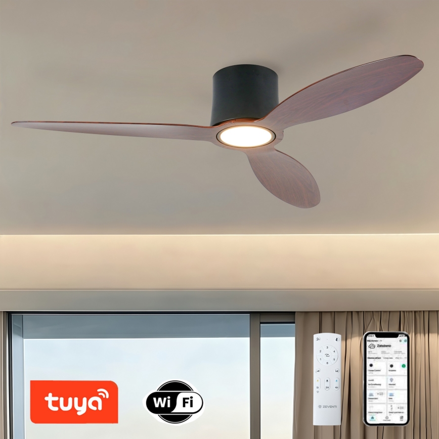 ZEVENTI - Ventilatore da soffitto dimmerabile a LED VENTORA LED/24W/230V 3000/4000/6000K Wi‑Fi Tuya nero/noce + telecomando