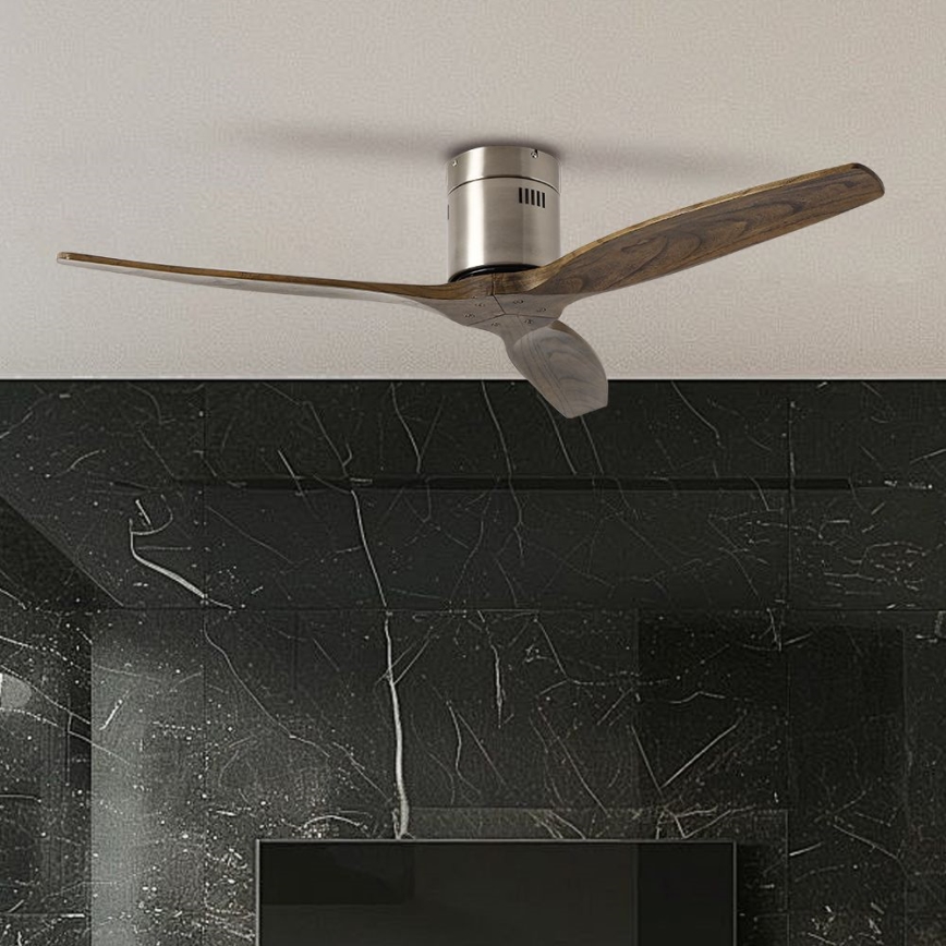 ZEVENTI - Ventilatore da soffitto SPELLO Wi-Fi Tuya cromo opaco/quercia + telecomando