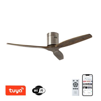 ZEVENTI - Ventilatore da soffitto SPELLO Wi-Fi Tuya cromo opaco/quercia + telecomando
