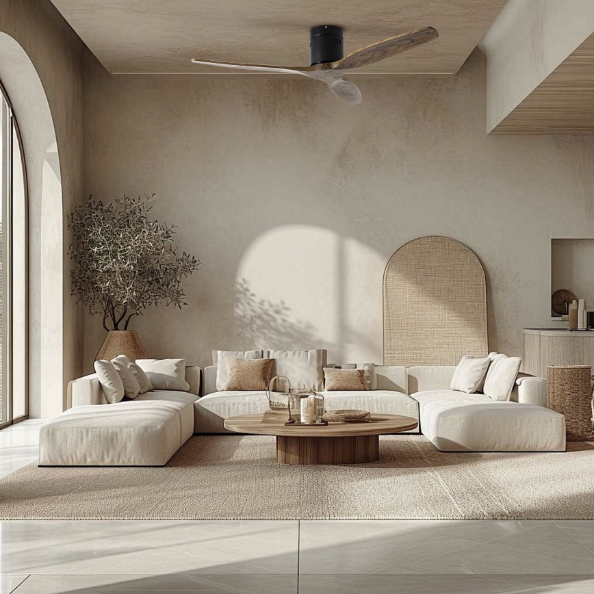 ZEVENTI - Ventilatore da soffitto SPELLO Wi-Fi Tuya nero/quercia + telecomando