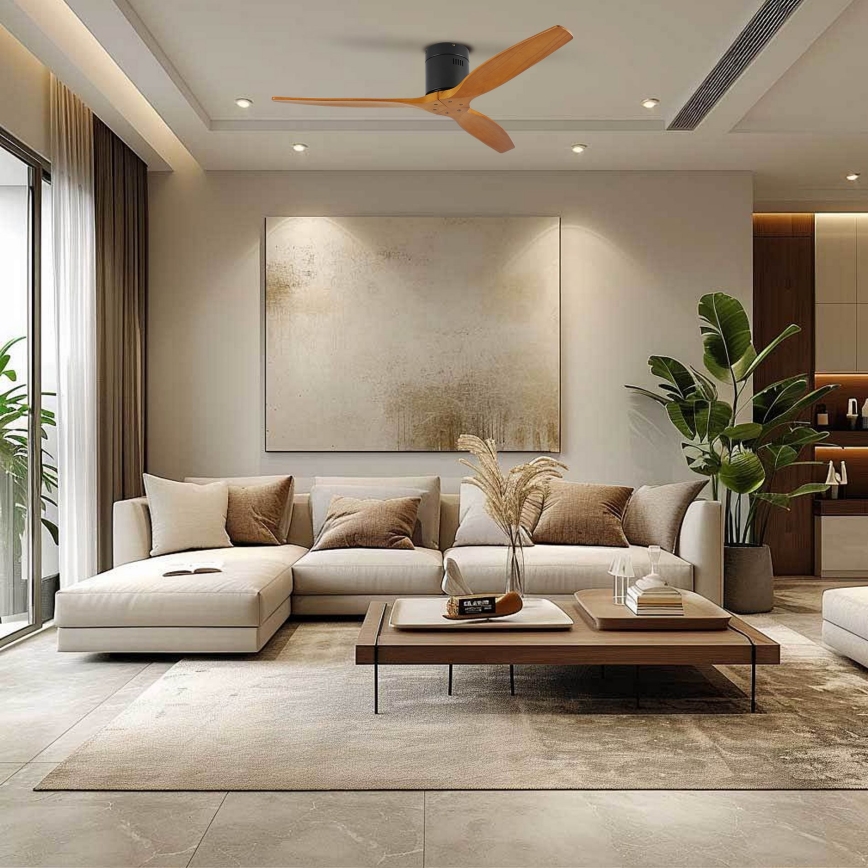 ZEVENTI - Ventilatore da soffitto SPELLO Wi-Fi Tuya nero/rovere + telecomando