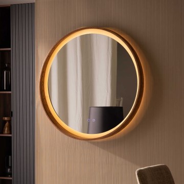 Zuma Line - Specchio da parete riscaldato per bagno con retroilluminazione LED, 36W/230V, 3000/4000/6000K, Ø 80 cm, IP44, rovere